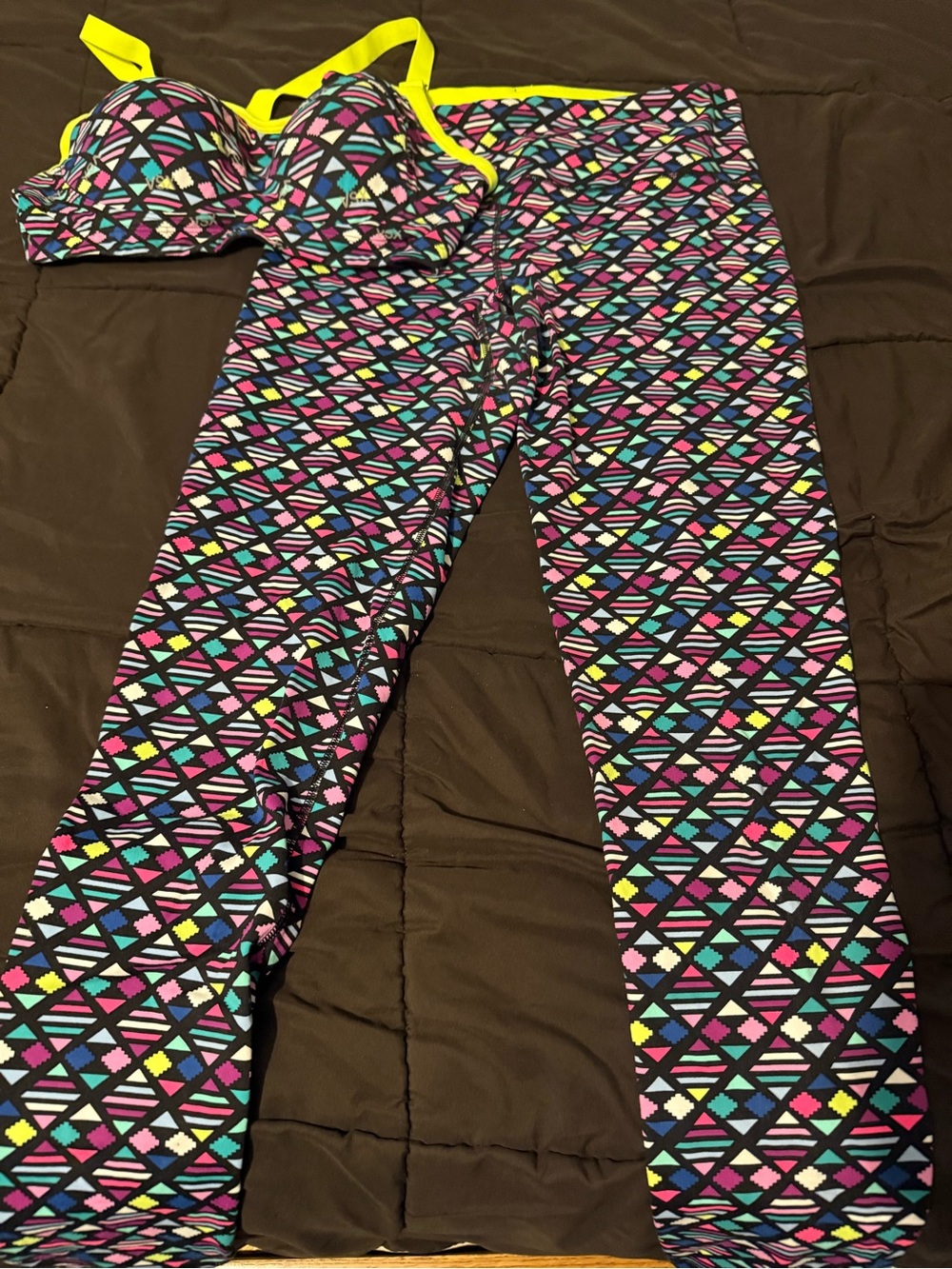 Victoria's Secret Black Multi Geometric Leggins Set with Neon Yellow Trim